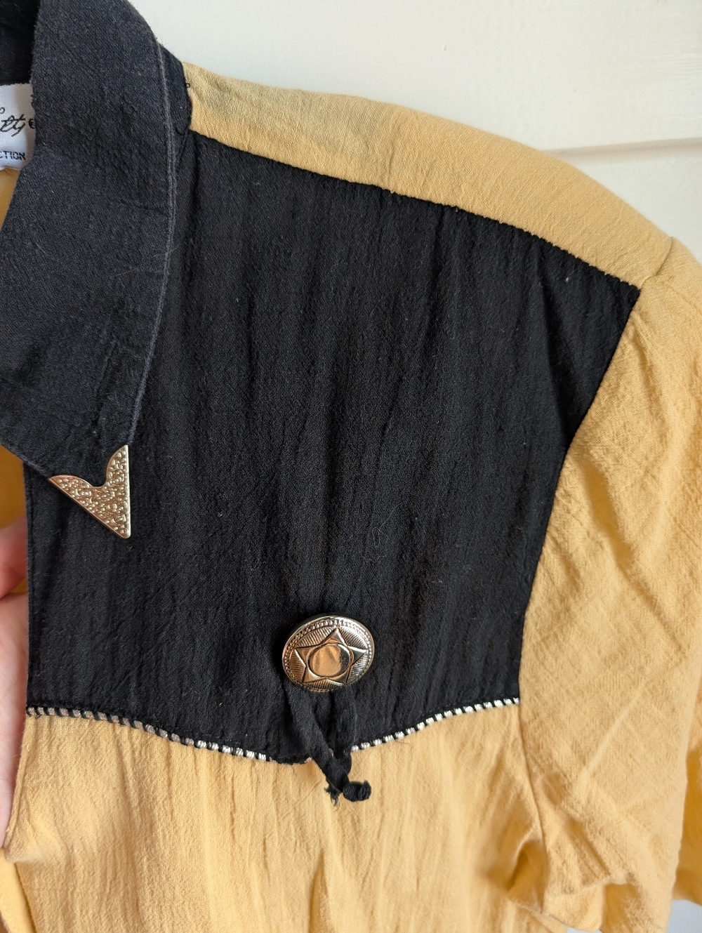 Vintage Western Blouse | Yellow & Black Colorblock Shirt w Concho Buttons - Picture 2 of 4